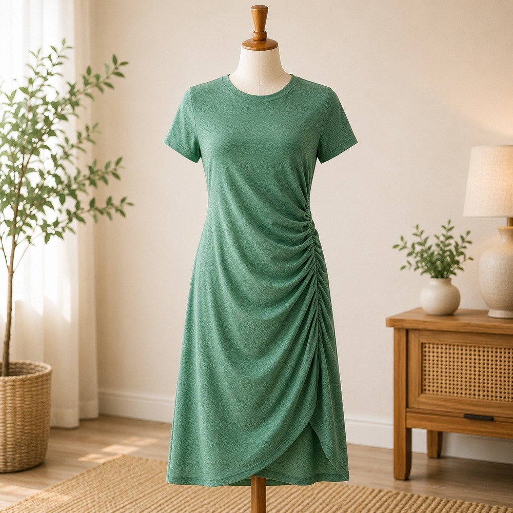 NWT Cupshe T-Shirt Dress XS Green Ruched Side Tulip Hem Short Sleeve Casual